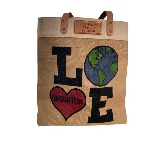 Brighton Canvas Tote – Love Makes the World Go Round – Tan Globe Heart EUC - Picture 3 of 5
